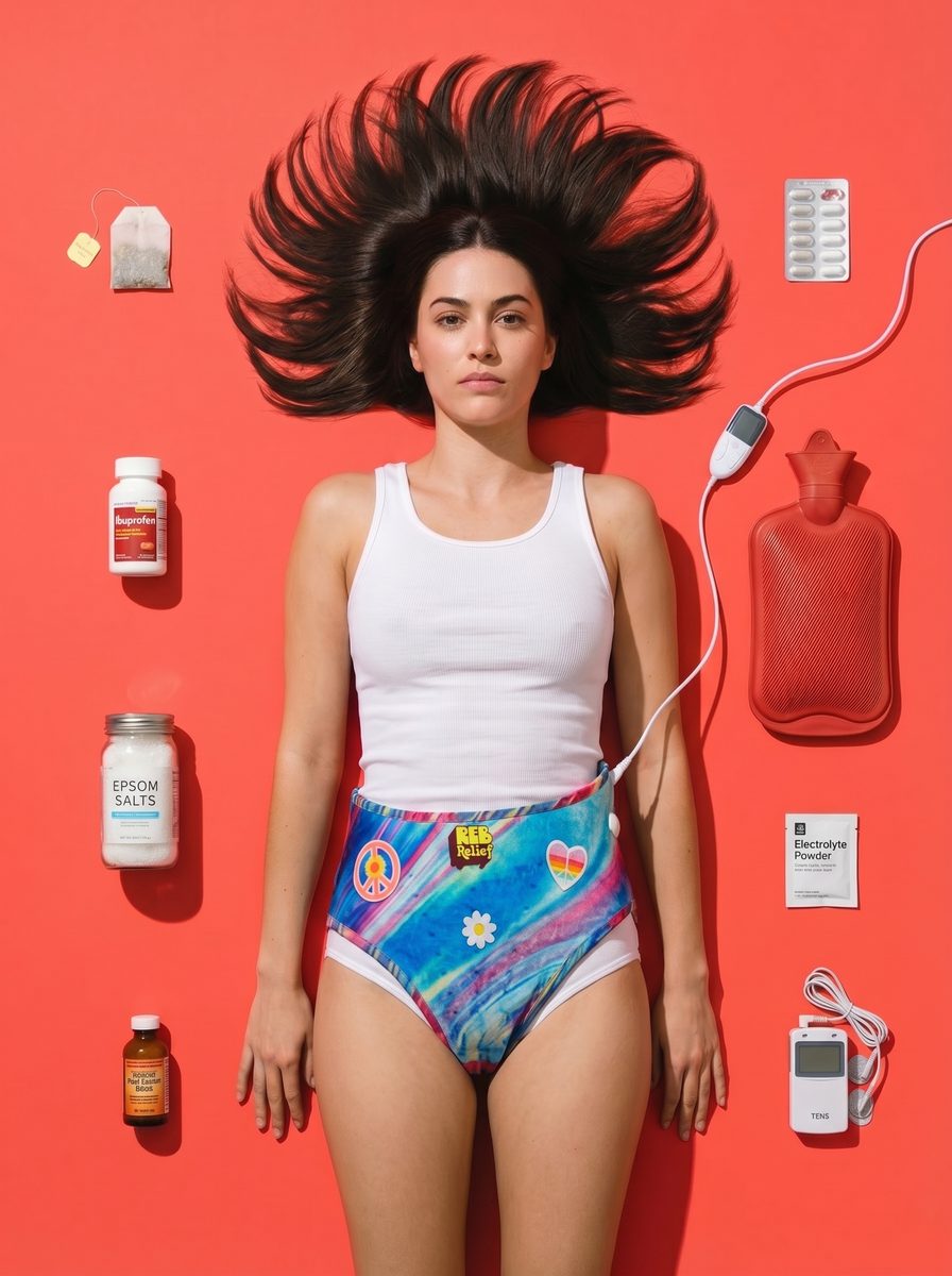 Woman wearing a colorful REB heating pad with recovery products on a coral background
